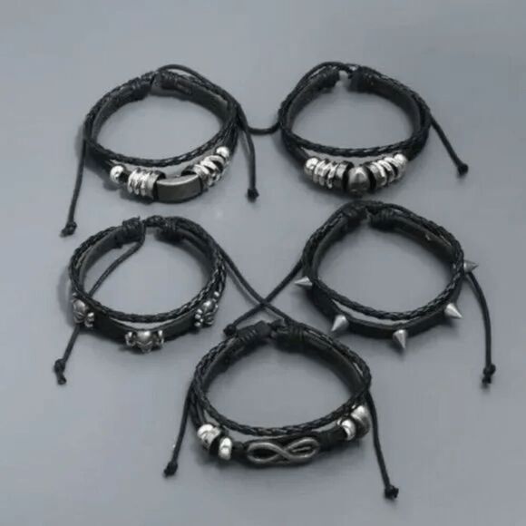BLACK LEATHER SKULL INFINITY SPIKE BRACELET SET - Picture 2 of 5